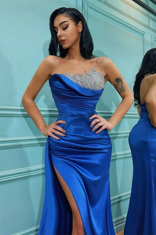 Strapless Sleeveless Slit Royal Blue Mermaid Evening Dress With Beadings