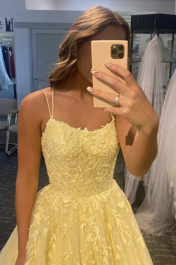 Yellow lace long A line prom dress evening dress SA440