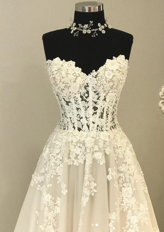 Champagne A Line Sweetheart Neckline Tulle Lace Long Wedding Dress, Tulle Lace Bridal Dress ED0843