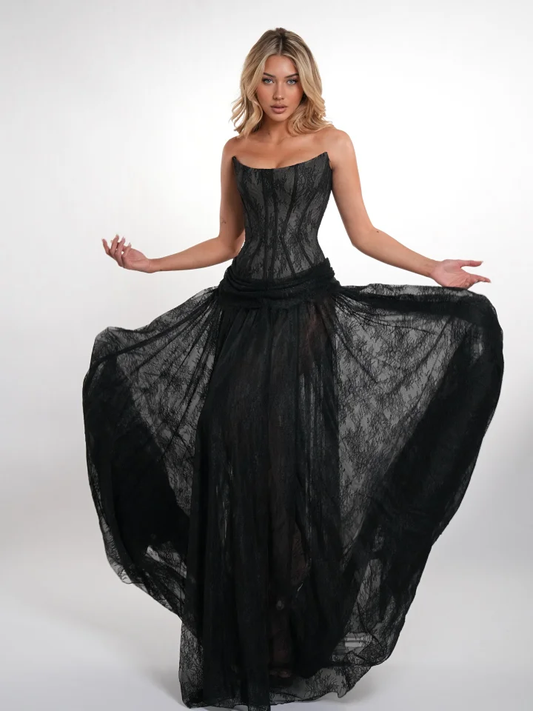 Elegant Black Strapless Evening Dress Sheath Floor Length With Lace
