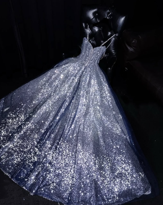 Shiny A Line Spaghetti Strap Rhinestone Silver Sequin Long Prom Dress Graduation Prom Dress SH2488