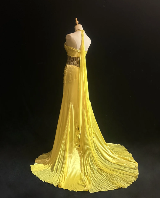 Classy Yellow Chiffon Prom Party Dress Beads Evening Gowns fg8596