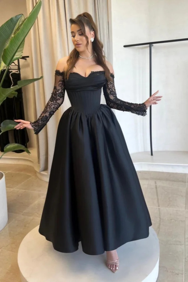 Black Lace Sleeves Strapless Prom Dress