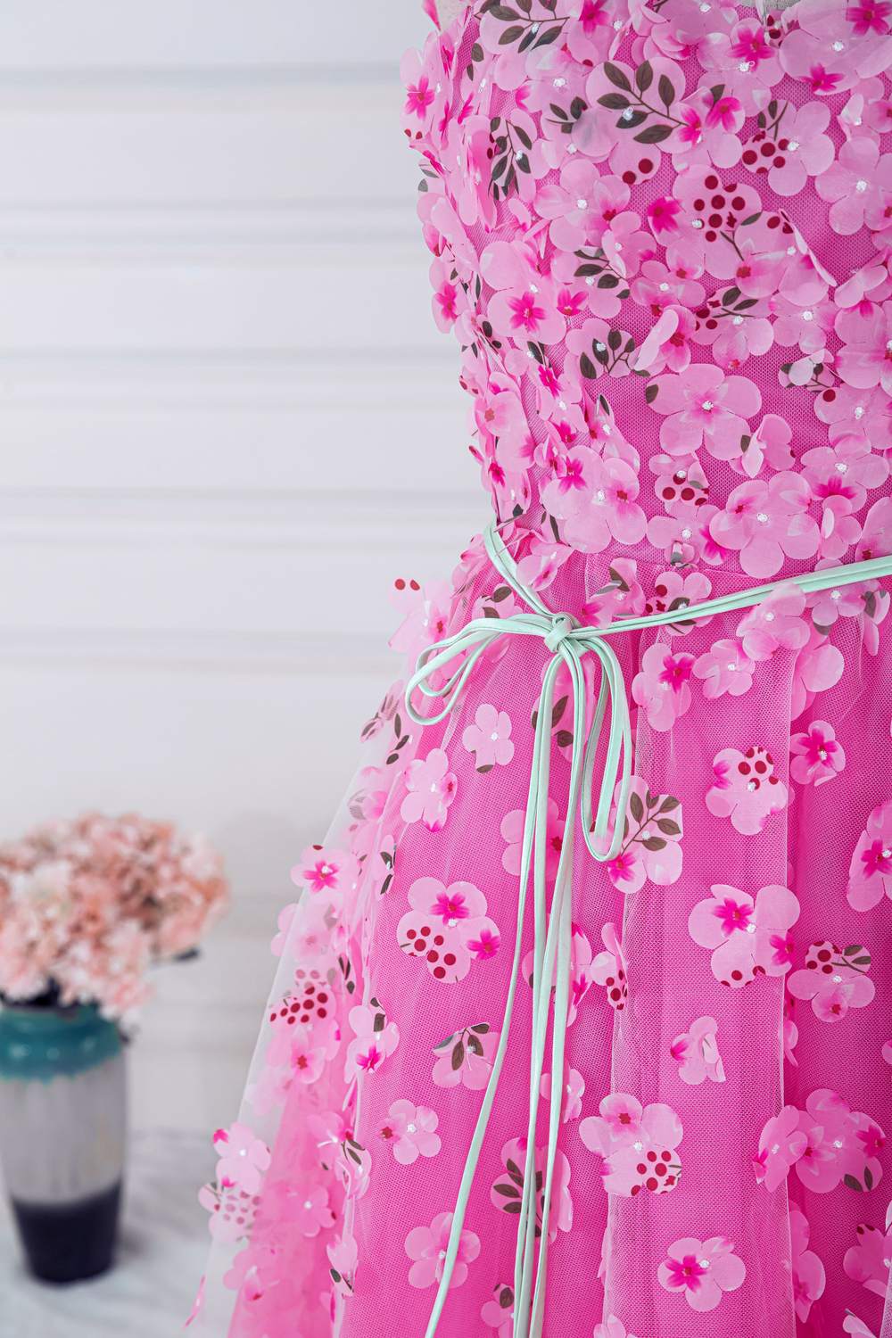 Pink 3D Floral A-line Cap Sleeves Long Prom Dress with Slit