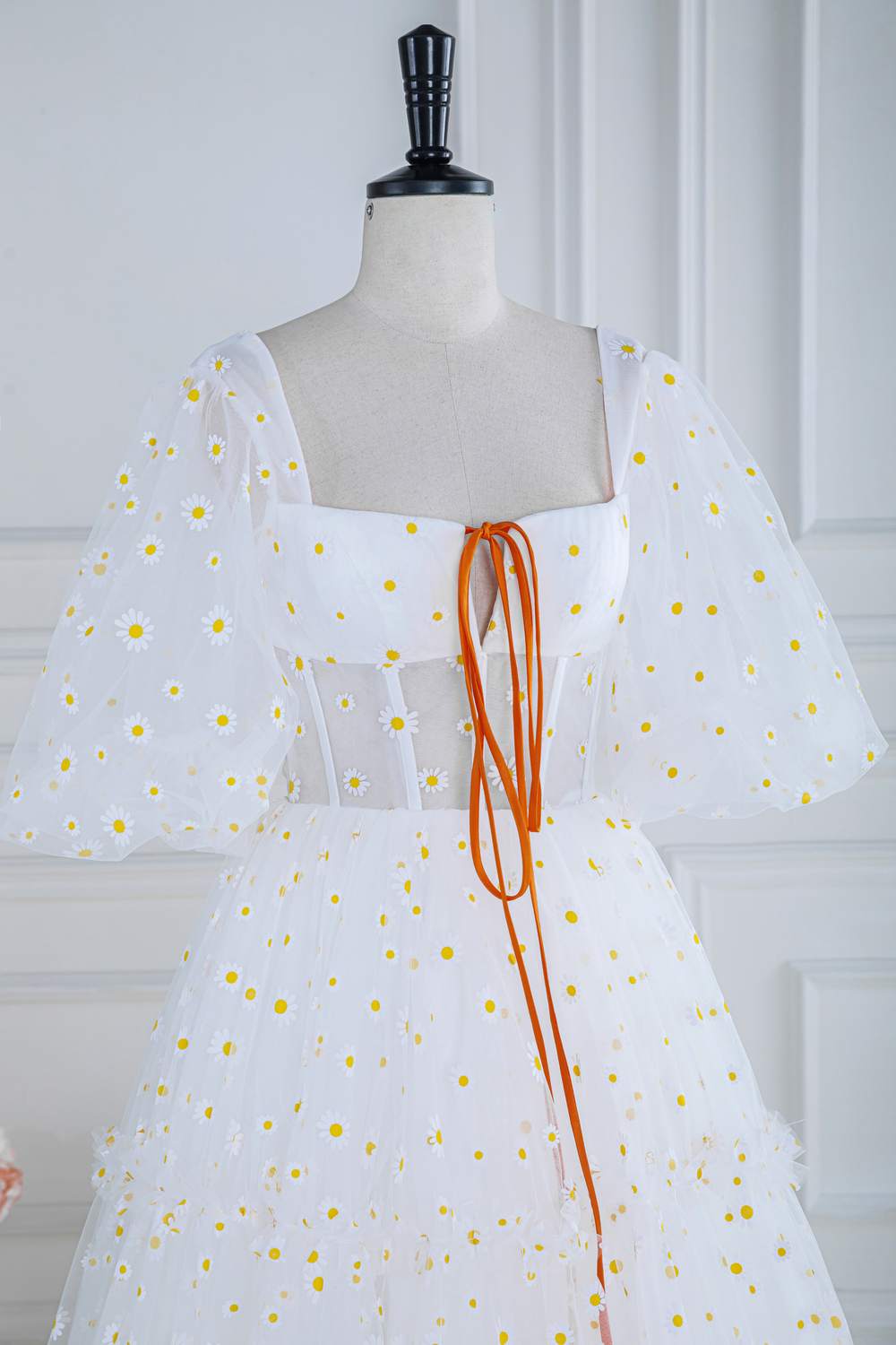 White Daisy Embroideries Puff Sleeves Ruffled Long Prom Dress