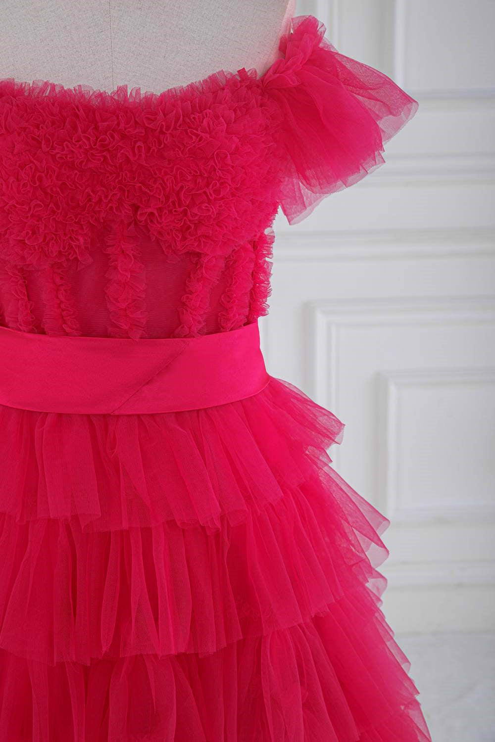 Rose Pink Ruffled Off-Shoulder Layers Long Prom Dress