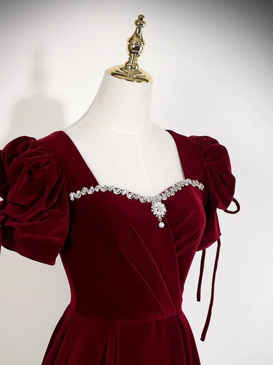 Wine Red Velvet A-line Prom Dress, Wine Red Beaded Long Party Dress Formal Dress fg8745