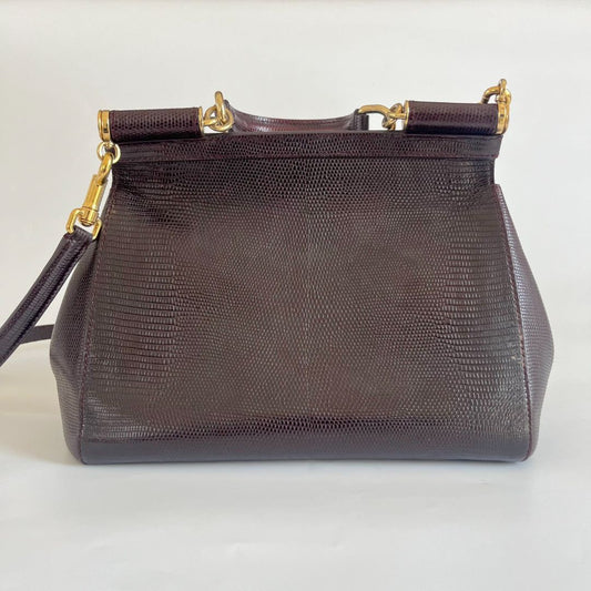 Dolce & Gabbana Burgundy Lizard Embossed Leather Medium Miss Sicily Bag