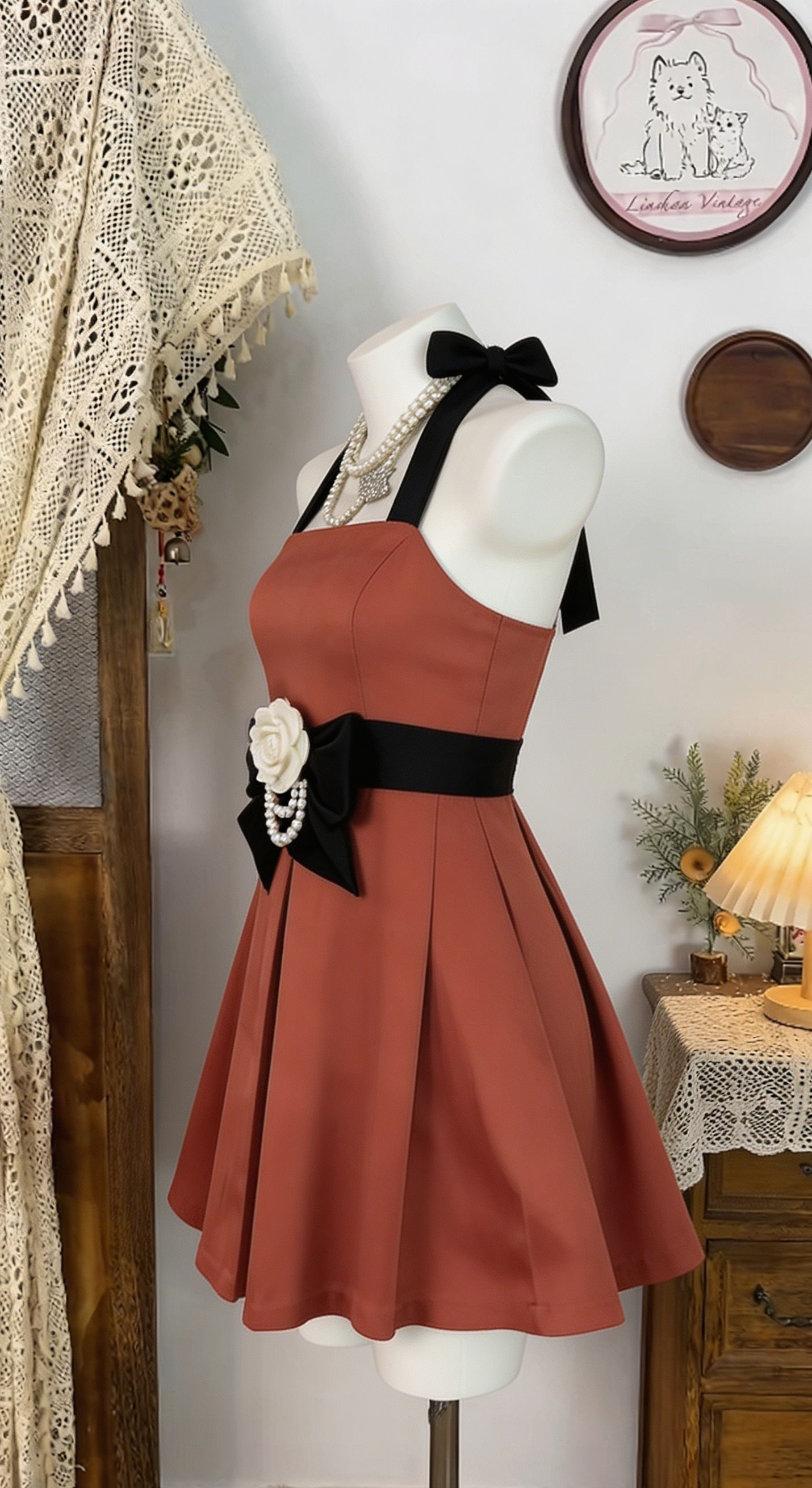 Elegant Homecoming Dress Halter Flower Pleated Back to School Outfits Party Dress D6533