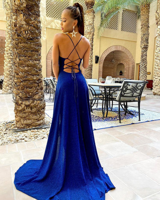 Mermaid Royal Blue Spaghetti-Straps Evening Dress Slit
