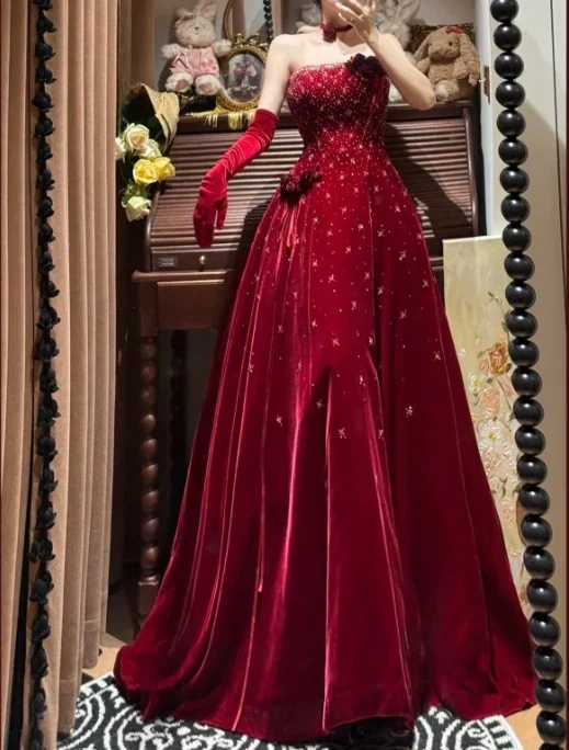 Vintage Strapless Red Velvet Sequin Beaded Long Evening Gown Party Dress D1611