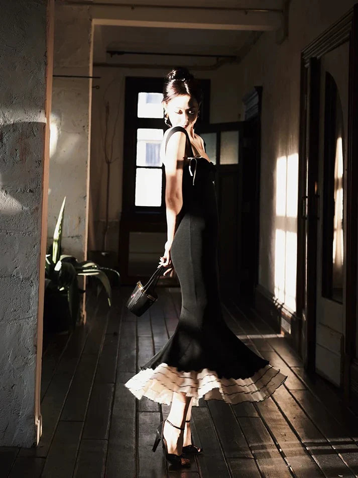 Sexy Black Mermaid Strap Satin Long Prom Dress Sweet Formal Party Dress SH2574