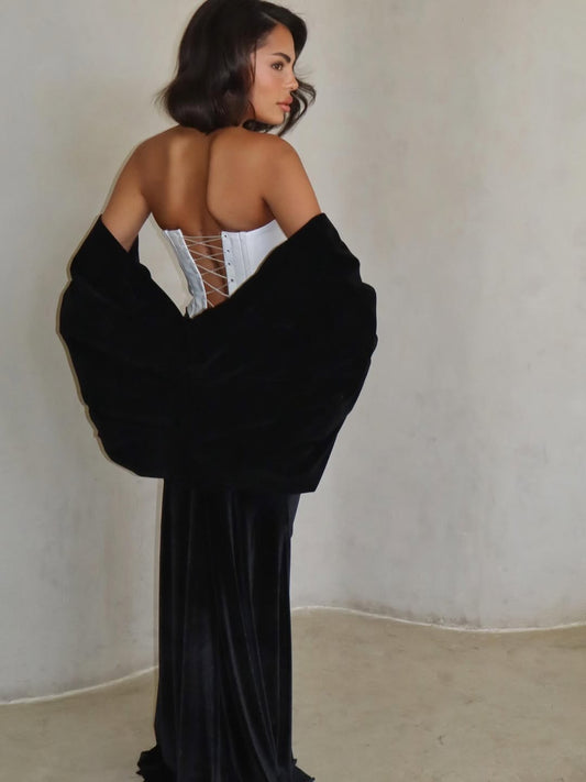 Black And White Sleeveless Strapless V Neck mermaid Long Prom Dress With Gloves