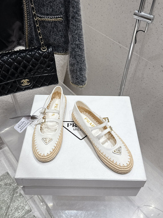 Pra 2025 Ballet Flat White Beige Cowhide Woven 554288