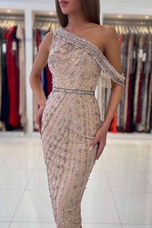 Luxurious One Shoulder Knee-Length Sheath Short Prom Dress With Crystals