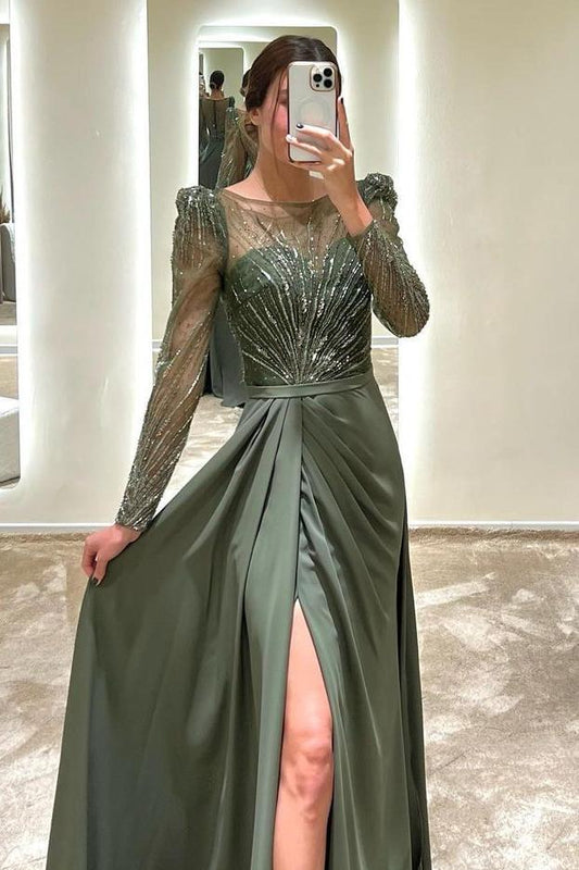 Beautiful Dark Green Satin Jewel Neck Long Sleeves Long Slit Prom Dress with Slit