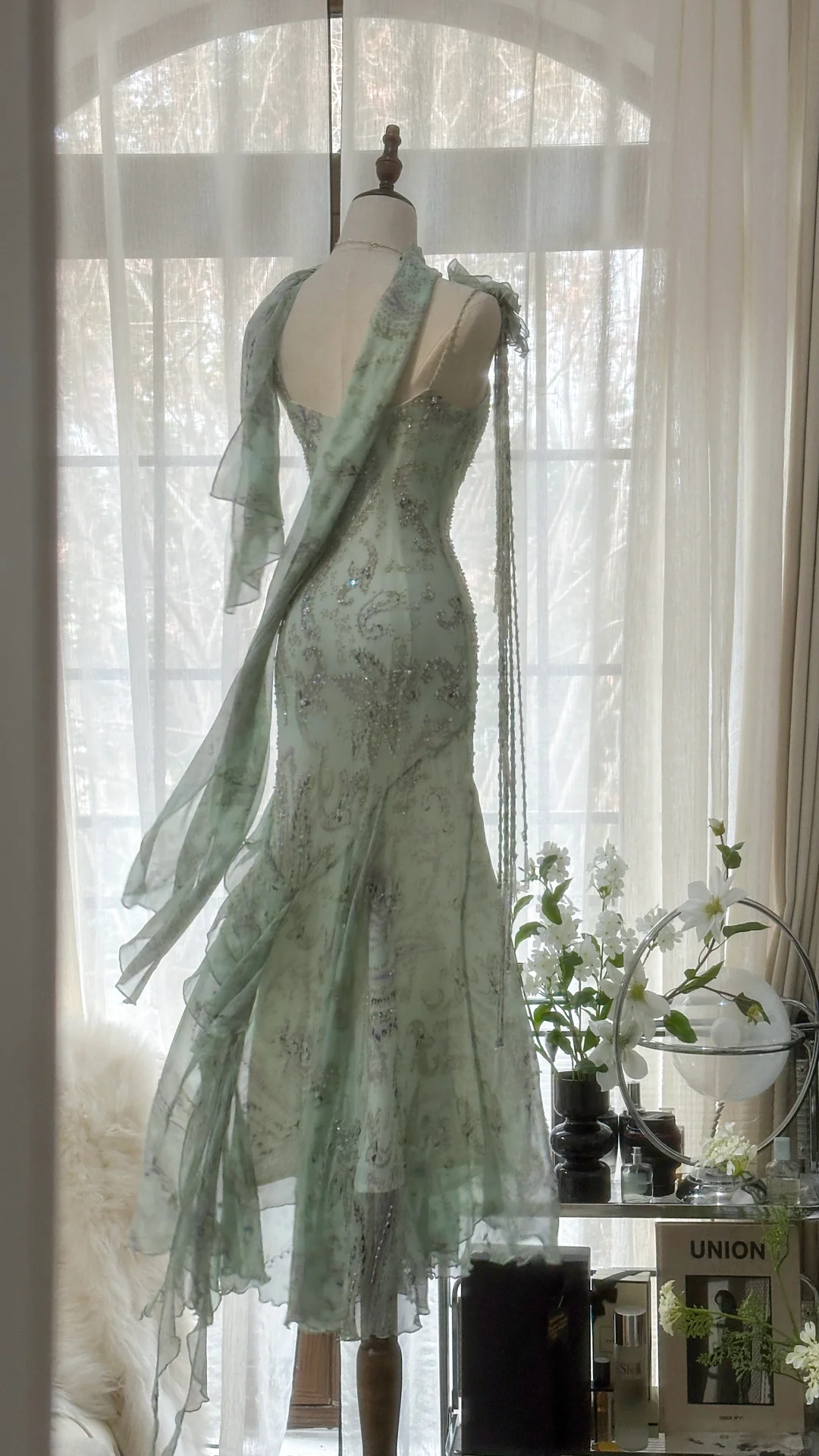 Elegant Light Green Sparkling Beaded Spaghetti Strap Romantic Chiffon Evening Dress Prom Dresses D1465