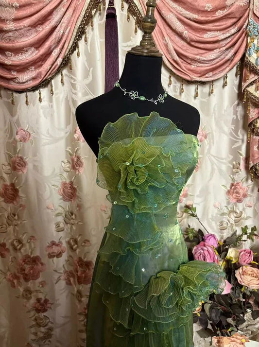 Vintage Green Strapless Satin Tulle Layered Ruffle Mermaid Long Prom Dress Evening Gown fg8444