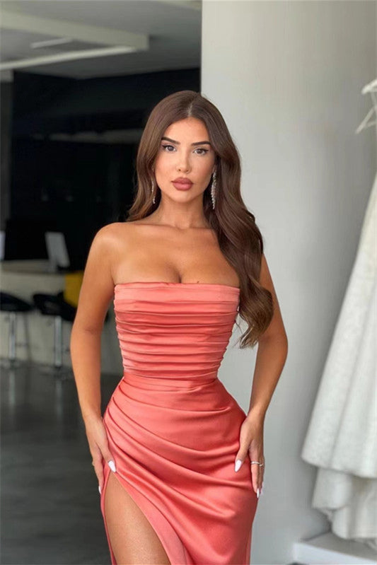 Amazing Coral Strapless Mermaid Prom Dress With Pleats Slit