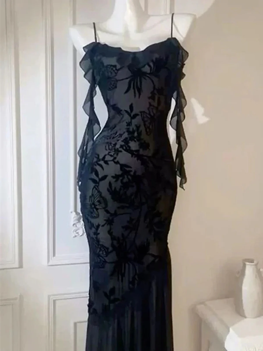 Black Lace Mermaid Maxi Dress Prom Dress, Gothic Lace Black Evening Dress fg8724