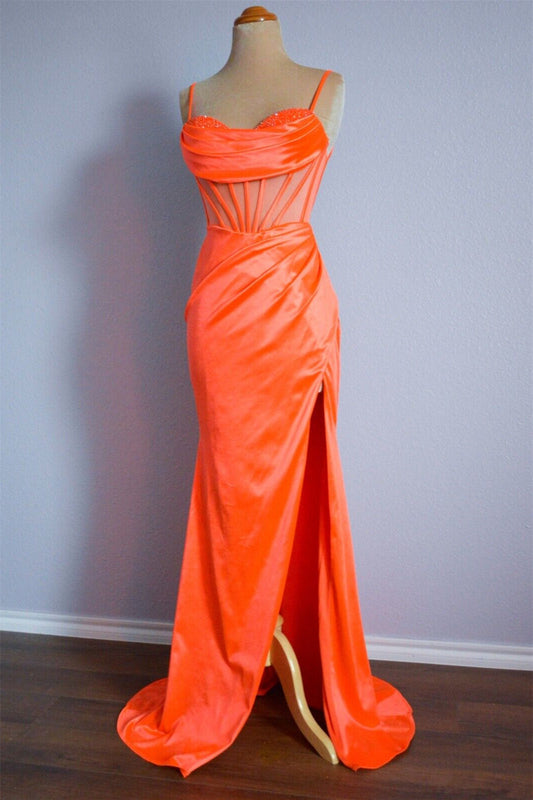 Satin Mermaid Sweetheart Straps Party Prom Dress With Slit