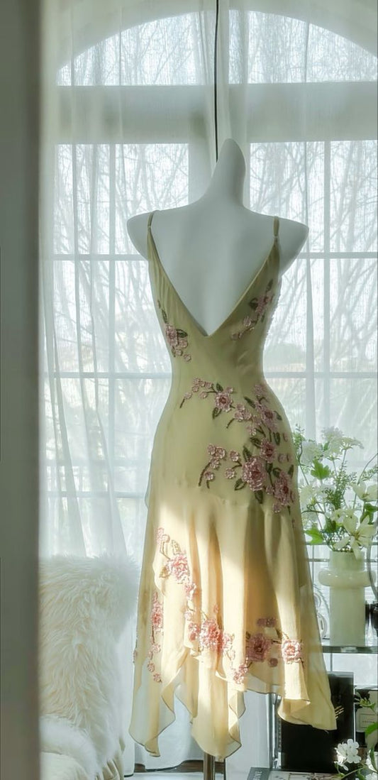 Gentle A Line Spaghetti Strap Appliques Beaded Green Chiffon Prom Dress Prom Dress SH2649