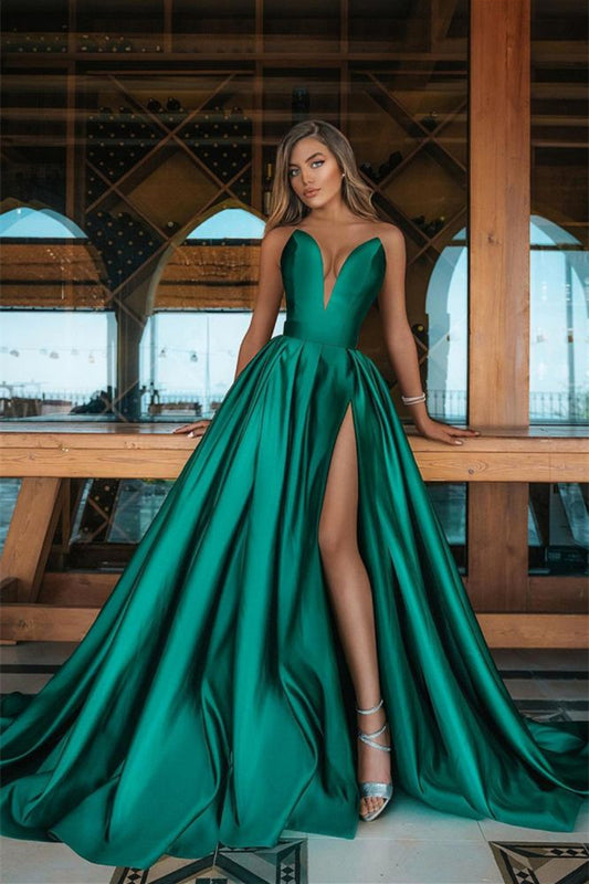 Long V-Neck Emerald Green Prom Dress With Split