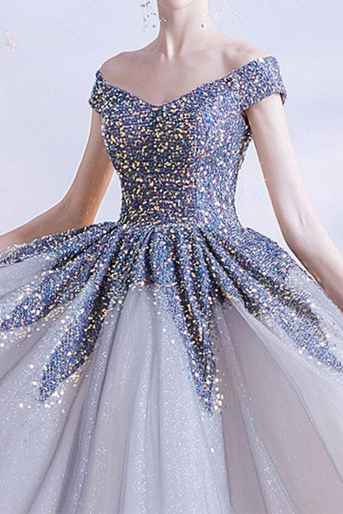 Gorgeous Off-The-Shoulder Long Ball Grown Prom Dress With Sweetheart Sequins
