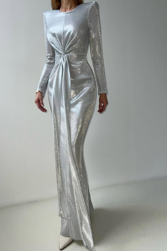Sliver Stuning Long Prom Dress Mermaid Long Sleeves