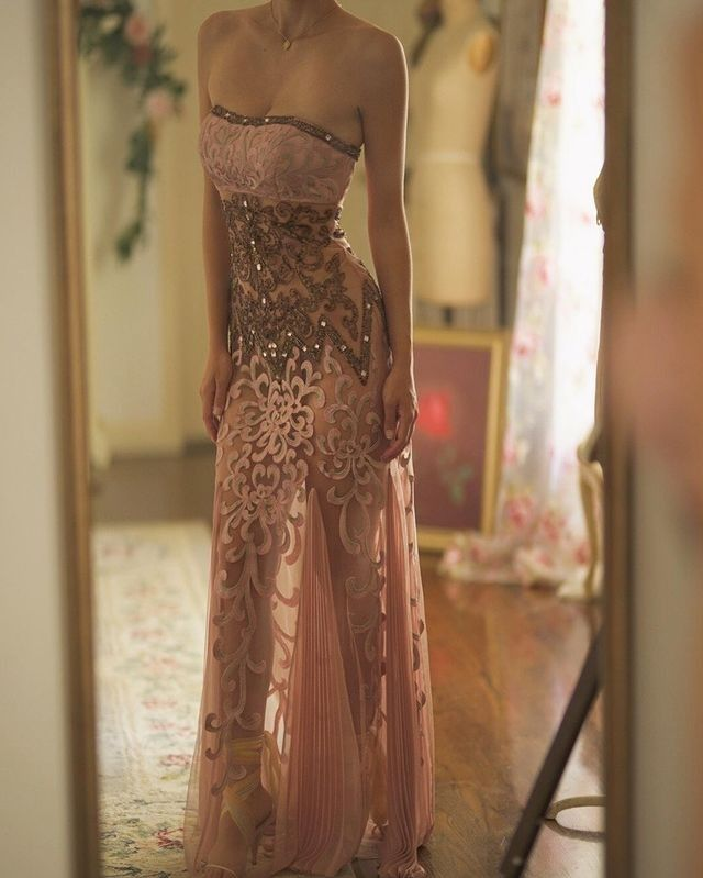Chic Strapless Pink Tulle Lace Appliques Beaded Mermaid Long Party Dress Formal Birthday Prom Gown D1854