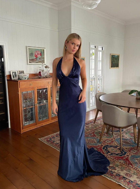 Navy Blue Sheath V Neck Satin Open Back Long Sweep Prom Dress Graduation Prom Dress SH2588
