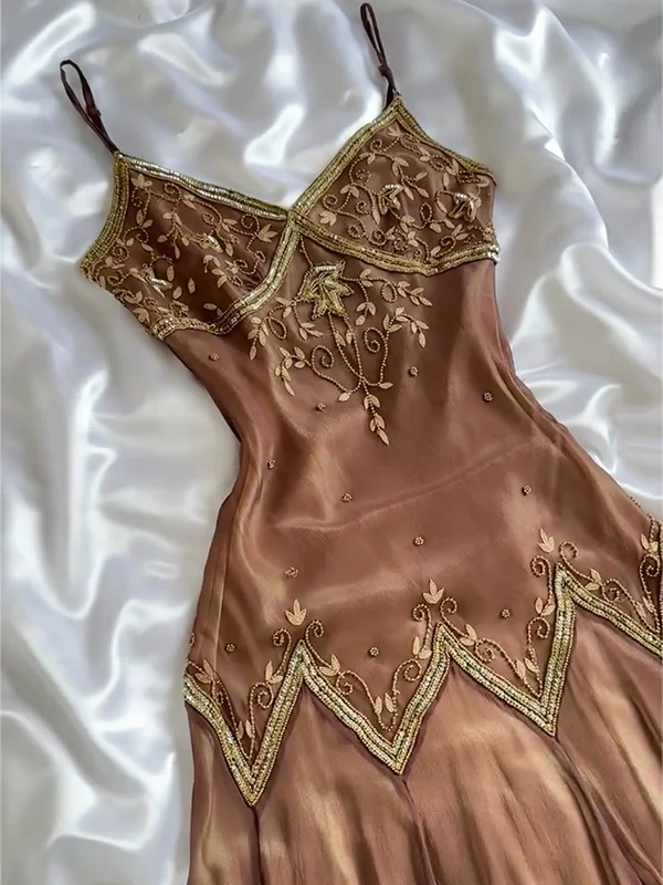 Vintage Spaghetti Straps V Neck Brown Tulle Beaded Short Prom Dress Formal Homecoming Dress D713