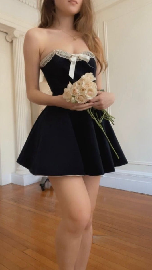 A Line Black Strapless Short Evening Dress Cocktail Dresses Short Party Dress fg7902