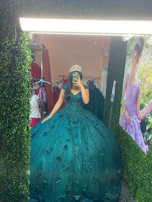 Emerald 3D Flowers Quinceanera Dress Sweet 15 16 Party Ball Gown fg5759