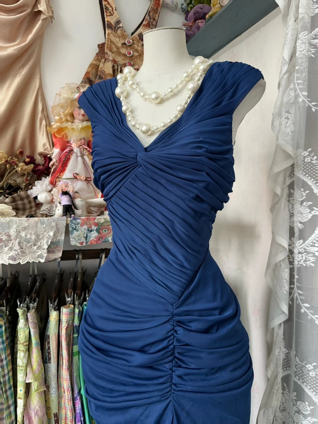 Navy Blue Mermaid Pleats Vintage Prom Dress Long Evening Dress fg8038