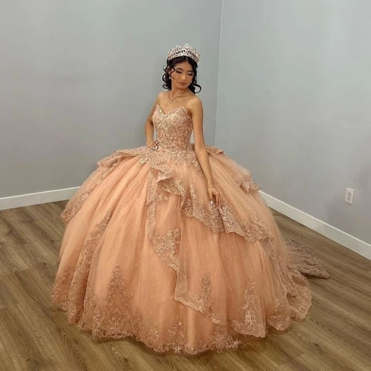 Champagne Shiny Off The Shoulder Ball Gown Quinceanera Dress Appliques Lace Beaded Birthday Party Gowns Sweet 16 vestidos fg5679