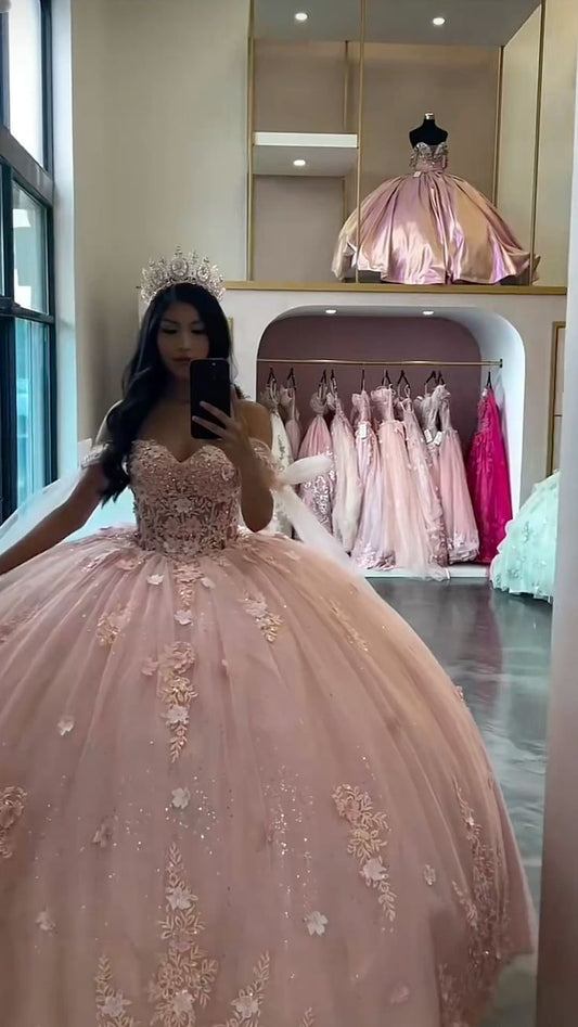 Pink A Line Off Shoulder Princess Quinceanera Dress Ball Gown, Sweet 16 Dresses fg8123