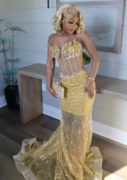 Gold Mermaid Prom Dress Evening Formal Party Birthday Engagement Gowns fg7444