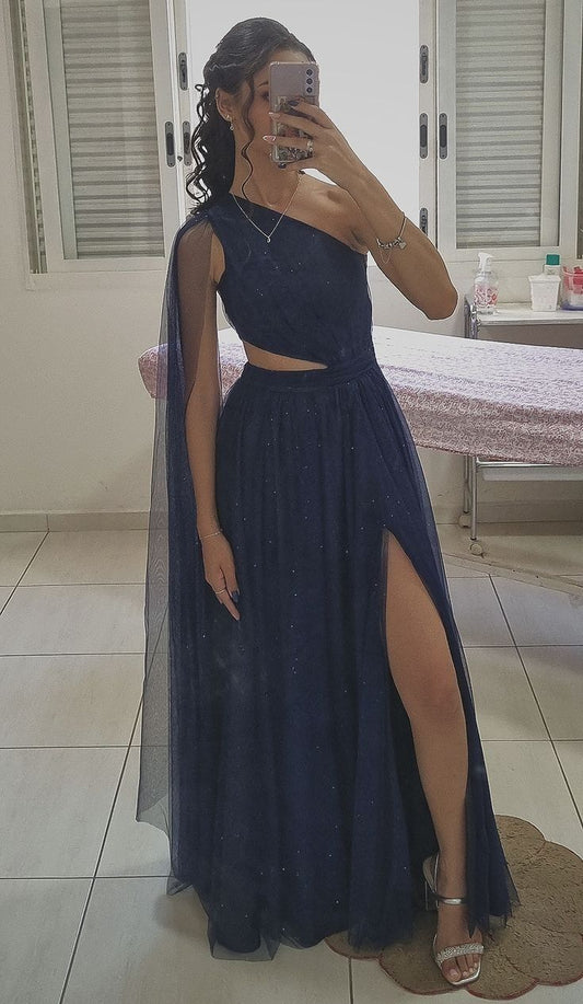 A Line Sparkly Navy Tulle Long Party Dress Prom Dress New Arrive Evening Dress fg7994