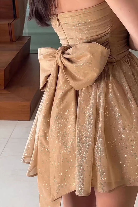 Casual Dresses Back Big Bow Sparkling Mini Dress Women Strapless Zipper Sleeveless Backless A-line Party Sexy Homecoming Dress fg5568