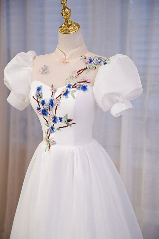 High Neckline A-line Short Sleeves Party Dress, Long Formal Dress fg5576
