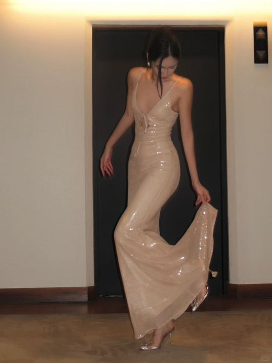 Champagne Sequin Shiny Long Prom Dress Evening Party Dresses fg7741