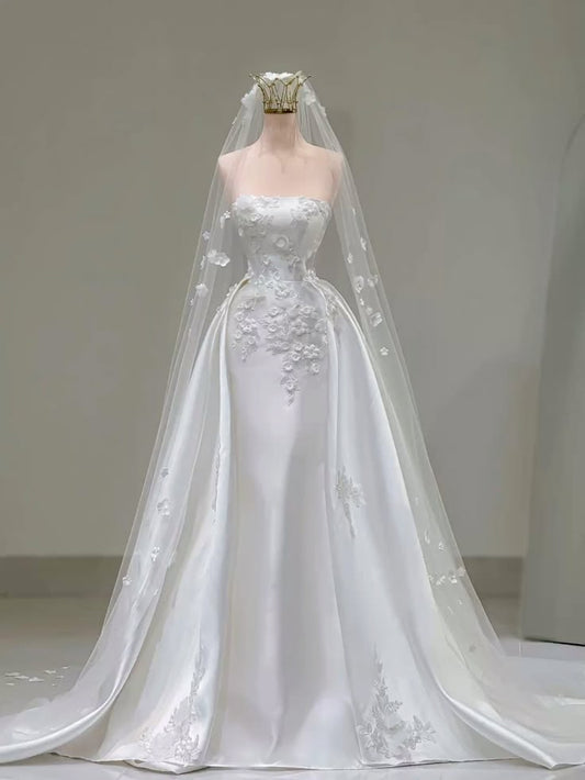 A Line White Long Satin 3D Floral Wedding Dress Bridal Gown fg7499