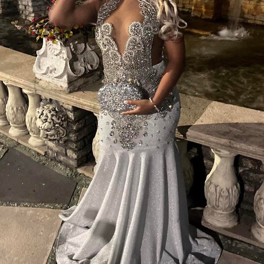 Silver Mermaid Beaded Prom Party Dress Long Formal Evening Dress fg7518