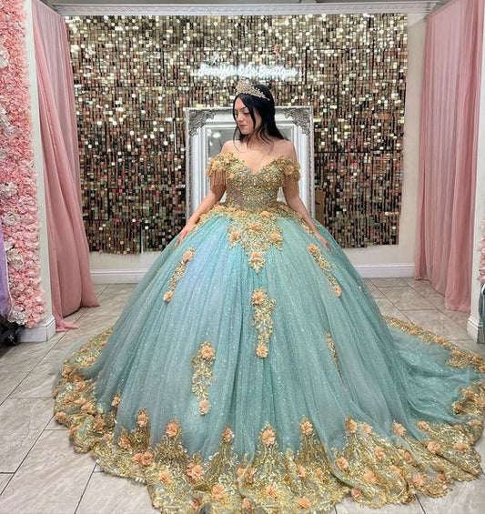 Quinceanera Dresses Off The Shoulder Ball Gown Gold Floral Appliques Handmade Flowers Lace Sweet 15 Party Dresses fg5547