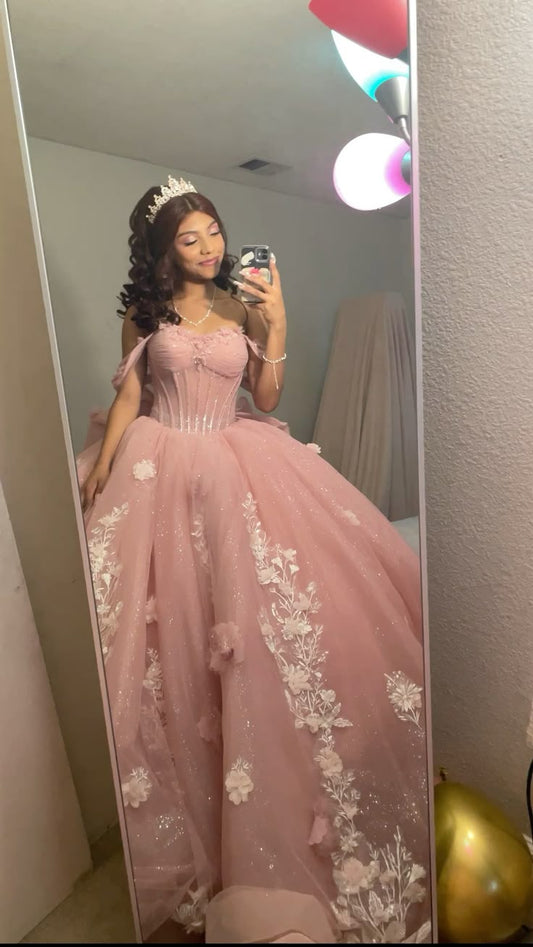 Pink Quinceanera Dresses 3D Flowers Sweet 15 16 Party Off The Shoulder Ball Gown fg7974