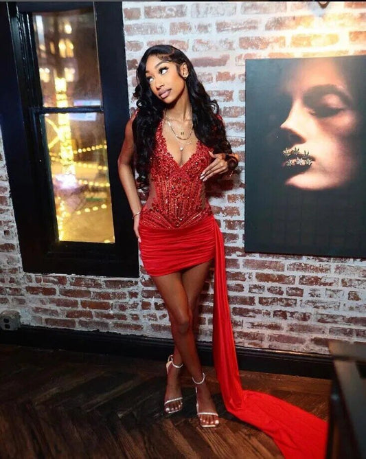 Red Sparkly Short Prom Homecoming Dresses with Side Train Luxury Diamond Crystal Birthday Party Gown fg5499