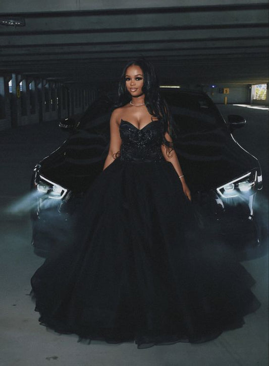 A Line Black Long Prom Dresses, Strapless Evening Party Dress fg5502