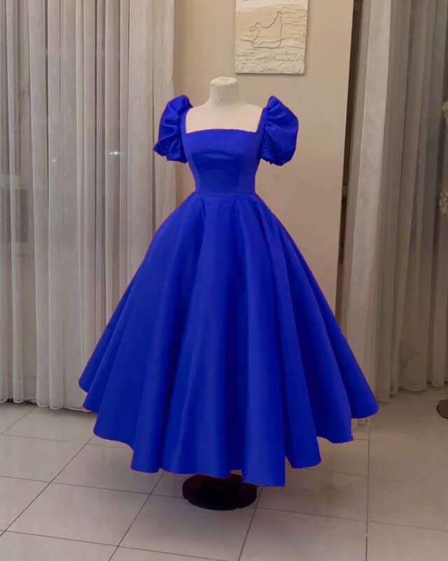 Puffy Sleeves Ankle Length Satin Ball Gown fg5742