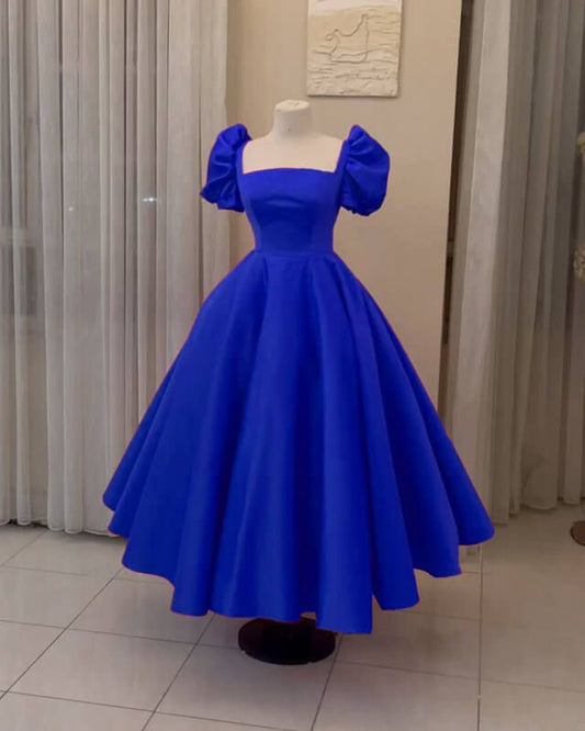 Puffy Sleeves Ankle Length Satin Ball Gown fg5742